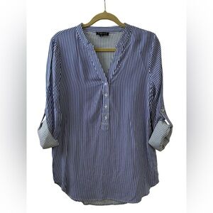 Timing Blue White Stripe Rayon Coastal Blouse Roll Tab Sleeve Tunic Top Size L